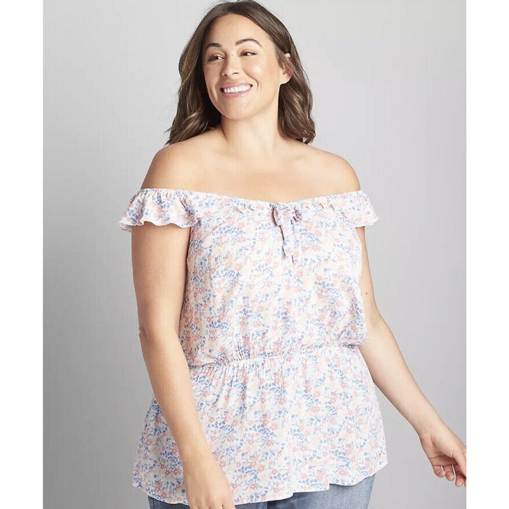 New Lane Bryant Womans Sz 18 Blouse Off Shoulder Floral Ruffle Bow Detail NWT